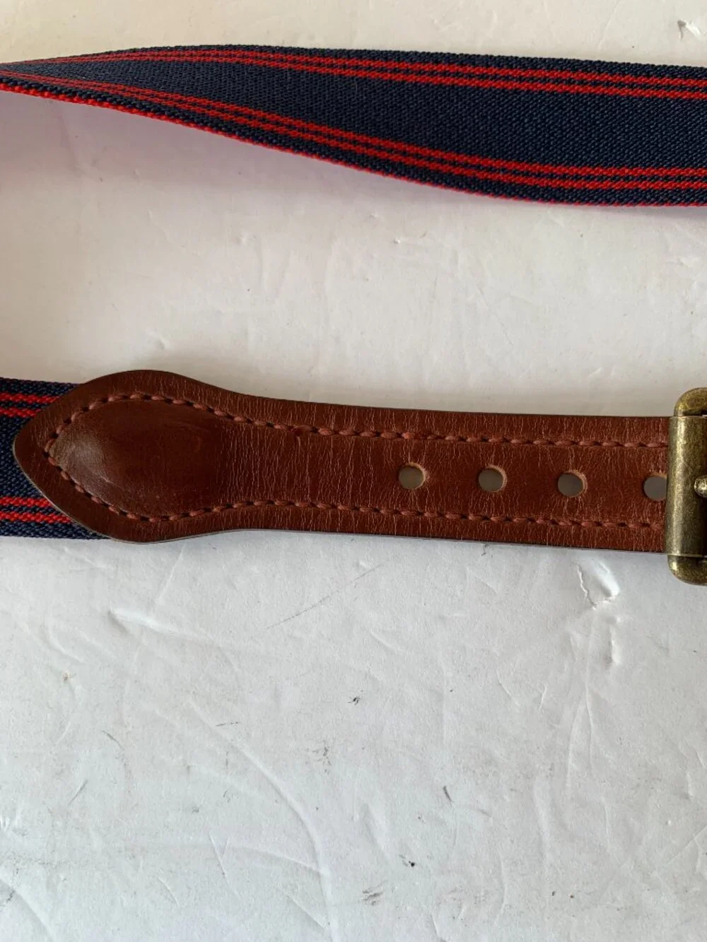 VINTAGE NAVY BLUE & RED ELASTIC STRETCH BELT – LEATHER TRIM – BRASS BUCKLE